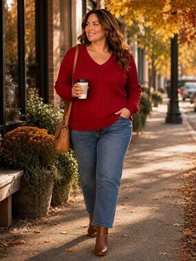 St John’s Bay Red Cable Knit V-Neck Sweater 2X Cotton Blend